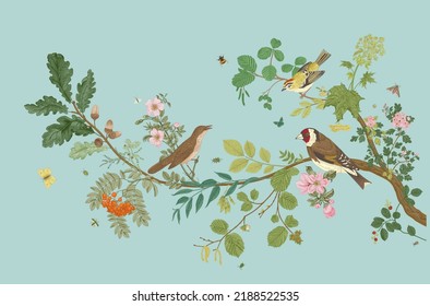 Garden Birds. Branch. Vector vintage illustration. 