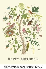 Aves Jardín. Feliz cumpleaños. Árbol. Ilustración vectorial. 