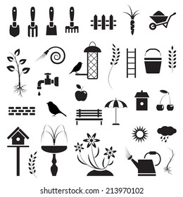 Garden and birds, icons set, black isolated on white background, vector illustration.