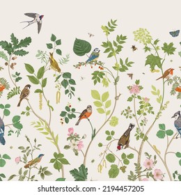 Garden Birds. Mural. Vector vintage illustration. 