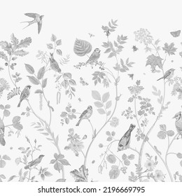 Garden Birds. Mural. Vector vintage illustration. Grayscale 
