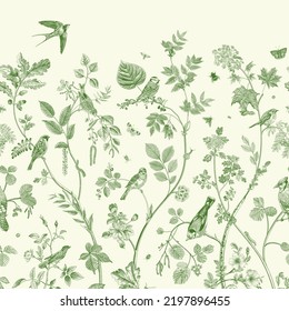 Garden Birds. Mural. Vector vintage illustration. Green