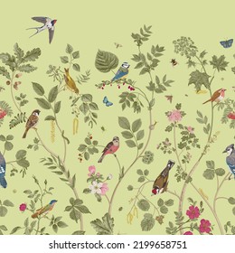 Garden Birds. Mural. Vector vintage illustration. Green 