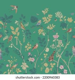 Garden Birds. Mural. Vector vintage illustration. Fancy