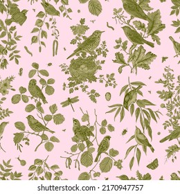 Garden Birds. Seamless pattern. Vector vintage illustration. Pink and green 