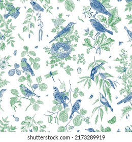 Aves Jardín. Patrón sin foco. Ilustración vectorial. Verde y Azul. Chinoiserie