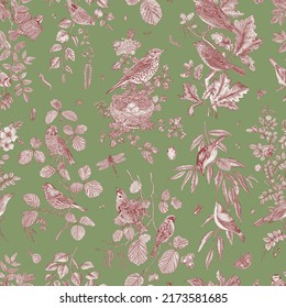 Garden Birds. Seamless pattern. Vector vintage illustration. Pink and green 