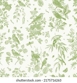 Garden Birds. Seamless pattern. Vector vintage illustration. Green