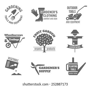 Garden black label set with tools equipment clothing fruit and vegetable seeds isolated vector illustration