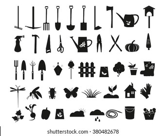  Garden black silhouette icons set. Gardening symbol set.  Agriculture black icons set. Garden tools set vector isolated. Garden tools black icons vector set. Agriculture tools silhouette set.