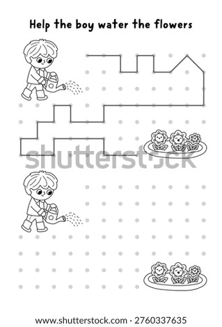 Garden black and white drawing, writing, tracing, space orientation activity for kids with boy watering flowers. Draw lines in box according example. Spring printable game, puzzle, coloring page
