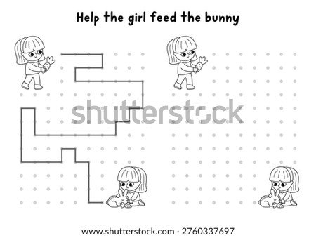 Garden black and white drawing, writing, tracing, space orientation activity with girl feeding bunny, carrot. Draw lines in box according example. Spring printable game, puzzle, coloring page
