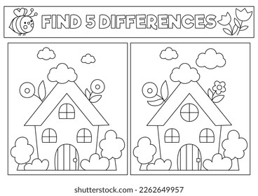 Garden black and white kawaii find differences game. Coloring page with cute country house. Spring holiday line puzzle for kids with funny cartoon cottage. Printable what is different worksheet
