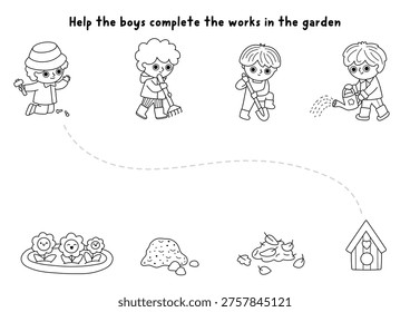 Garden black and white matching activity with kid gardeners, tools. Spring line puzzle with boys with spade, rake, watering can. Match objects game, printable worksheet, puzzle, coloring page
