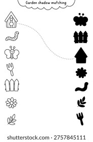 Garden black and white shadow matching activity with birdhouse, worm, butterfly, fork, fence, flower. Spring line puzzle for kids. Find correct silhouette printable worksheet, game, coloring page
