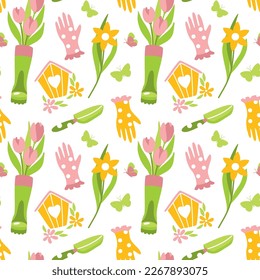 Garden, blooming flowers and butterflys, gardening tools. Seamless pattern. Vector.