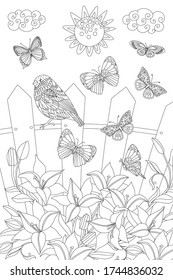 garden of blooming lilies at rustic fence with sitting bird and flying butterflies against sunny sky and clouds for your coloring book