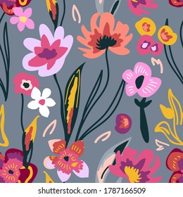 Garden blossom. Abstract plants on grey background. Sketchy floral print. Seamless pattern with large flowers. Vintage textile collection.