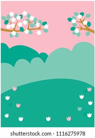Garden with blossom trees background. Vector illustration. Suitable for poster, card, cover design.