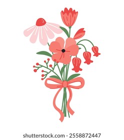 Garden blossoming Flowers Bouquet for Happy Valentines day or Mother's Day, Bridal bouquet. Cute Flowers and Bow. Greeting card. Vector illustration isolated on white background