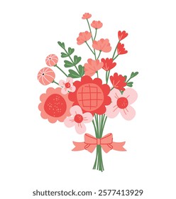 Garden blossoming Flowers Bouquet for Happy Valentines day or Mother's Day, Bridal bouquet. Cute Flowers and Bow. Greeting card. Vector illustration isolated on white background