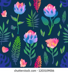 Garden of blue lotuses. Seamless vector pattern with water lilies and palm leaves. Trendy design with gradient colors. Tropical textile collection. On indigo background.