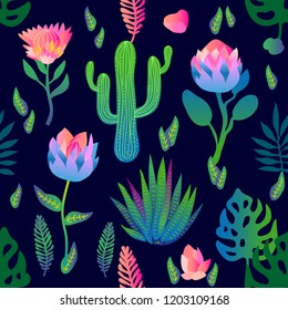 Garden of blue lotuses. Seamless vector pattern with water lilies and palm leaves. Trendy design with gradient colors. Tropical textile collection. On black background.