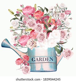 Garden blue watering can with pink and white roses, fashion vector illustration in vintage watercolor style