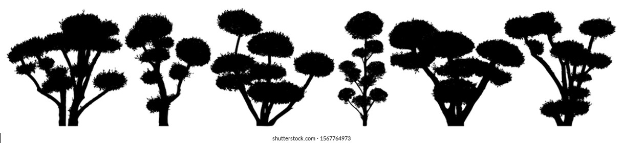 Garden bonsai niwaki. Decorative trees. Shrub vector silhouette set