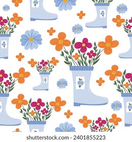 Garden boot floral pattern on isolated background. Botanical vector. Cute blue, red, orange tones. For wallpaper, packaging paper, textiles.