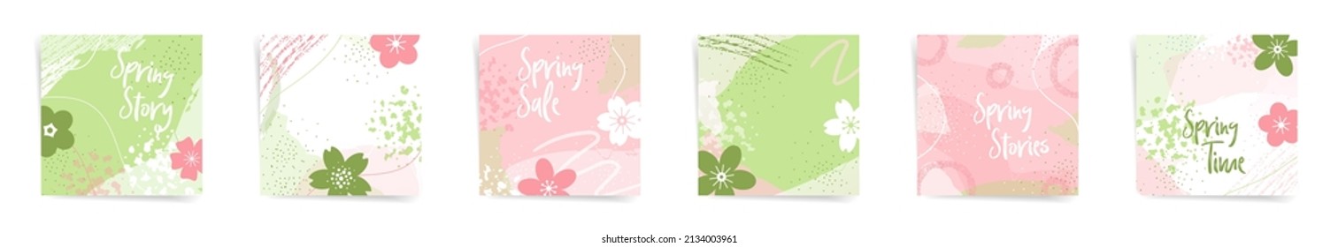 Garden botanical spring sale square posts fashion template set. Sakura design for promo posts texture. Design with wavy patterns, flowers, and abstract shapes in pink, green, and white colors set.