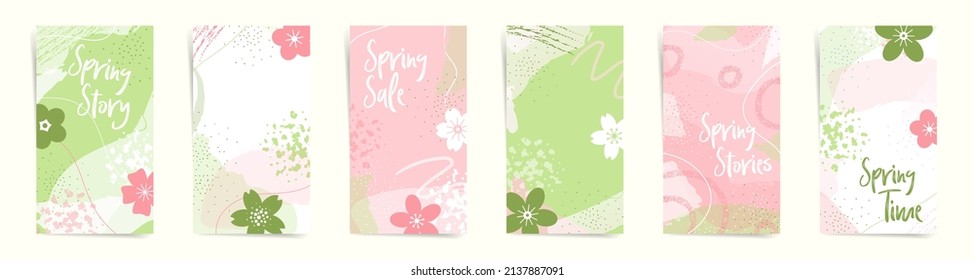 Garden botanical spring sale stories fashion template set. Natural flowers texture for banners, stories, posts. organic patterns design, flowers, and abstract shapes in pink and green colors set.