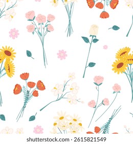 Garden bouquets seamless pattern. Flowers roses, daisy, chamomile, sunflowers, tulips. Isolated blossom floral branches, orchids, vector background