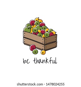 Garden box of apples. Hand drawn doodle style cartoon Thanksgiving card, poster or flyer.
