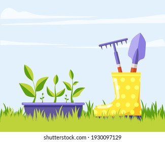 Garden box with green flower seedlings, yellow rubber boot with garden tools against blue sky. Summer gardening banner with seedlings. Agricultural and farm concept. Cartoon flat vector illustration