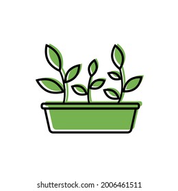 Garden box with seedlings, black outline, color fill. Simple color icon of young sprouts with leaves in the seedling box. Gardening, agriculture, vegetable garden. Logo, Side view. Vector illustration