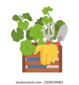 Caja de jardín con plántulas y herramientas de jardinería. Guantes para el trabajo en el jardín.Ilustración vectorial de estilo plano.