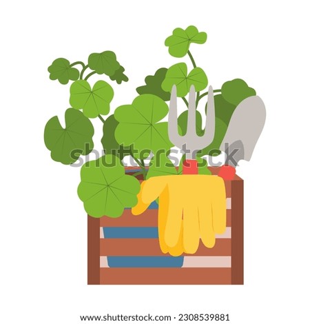 Garden box with seedlings and gardening tools. Gloves for garden work.Vector illustration in flat style.