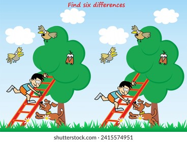 Garden, boy on ladder, dog and birds, find six differences, leisure activity, vector humorous illustration