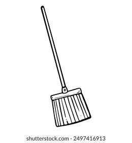 Garden broom hand drawn in doodle style. Hobby gardening. Working tool for sweeping. Cleaning paths. Vector line art illustration.