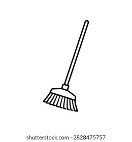 Garden broom garden tool icon with long handle and broom bristles, garden broom outline illustration for sweeping patio and yard cleanup