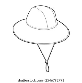 Garden Bucket Hat with Cord Stopper. Summer Head Fashion accessory cap with wide brim clothing technical illustration. Vector headgear for Men, women, unisex, flat template CAD mockup sketch outline