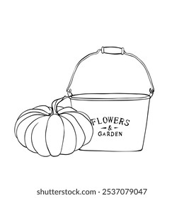 Garden Bucket and Pumpkin. Graphic vector Illustration of Gardening Tools painted by black inks. Linear drawing Autumn vegetables. Engraving for designs greeting cards. Sketch in line art style