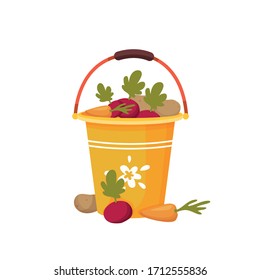 cubo de jardín con verduras en su ilustración vectorial