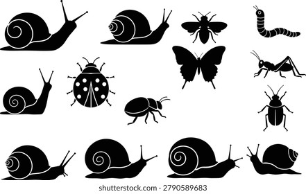 Garden bug insect snail silhouette collection in black flat design style