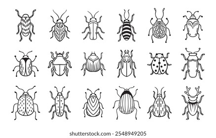 Garden bugs hand drawn outline doodle icon set. Garden bugs drawing elements simple line beetle clipart. Vector illustration