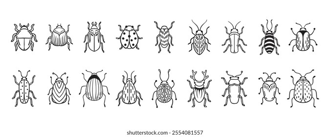 Garden bugs hand drawn outline doodle icon set. Garden bugs drawing elements simple line beetle clipart. Vector illustration