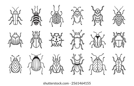 Garden bugs hand drawn outline doodle icon set. Garden bugs drawing elements simple line beetle clipart. Vector illustration