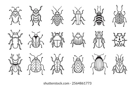 Garden bugs hand drawn outline doodle icon set. Garden bugs drawing elements simple line beetle clipart. Vector illustration