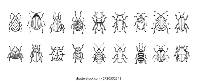 Garden bugs hand drawn outline doodle icon set. Garden bugs drawing elements simple line beetle clipart. Vector illustration